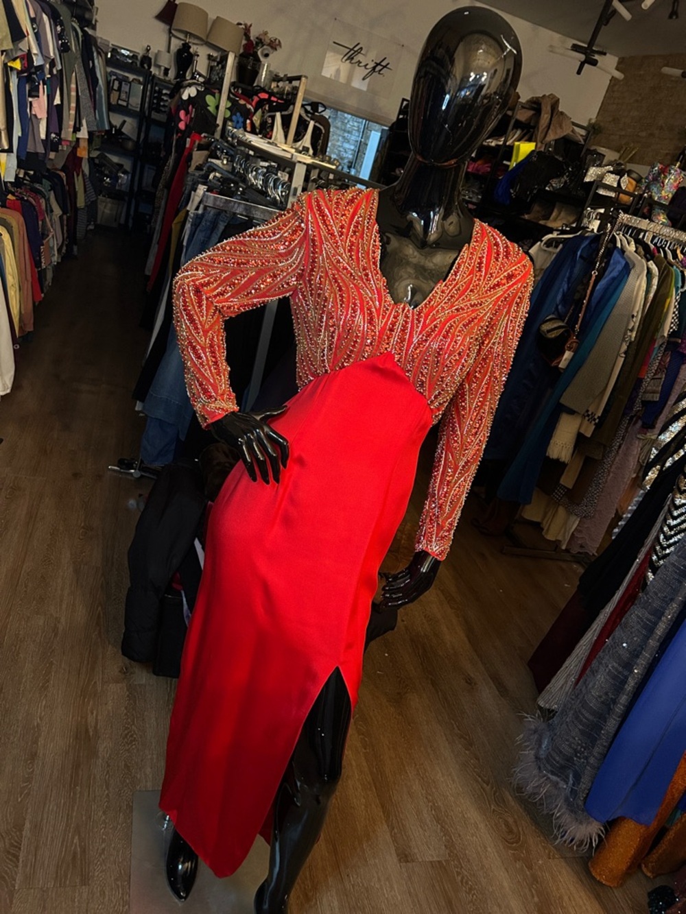 Sho Max Originals Red Beaded Long-Sleeve Evening Dress